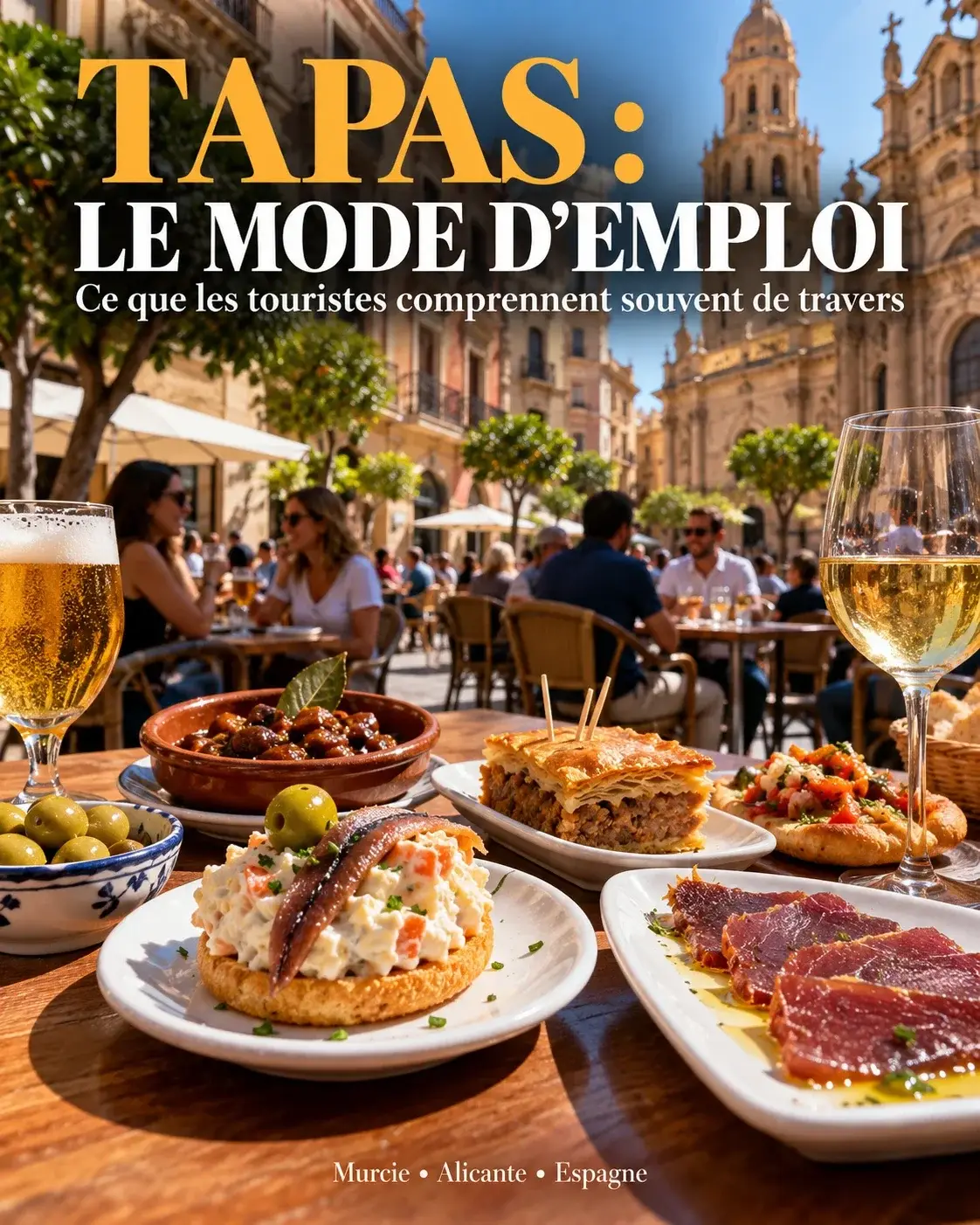 Poster ‘Tapas: the user guide — what tourists often get wrong’: a table of tapas on a terrace in front of Murcia Cathedral