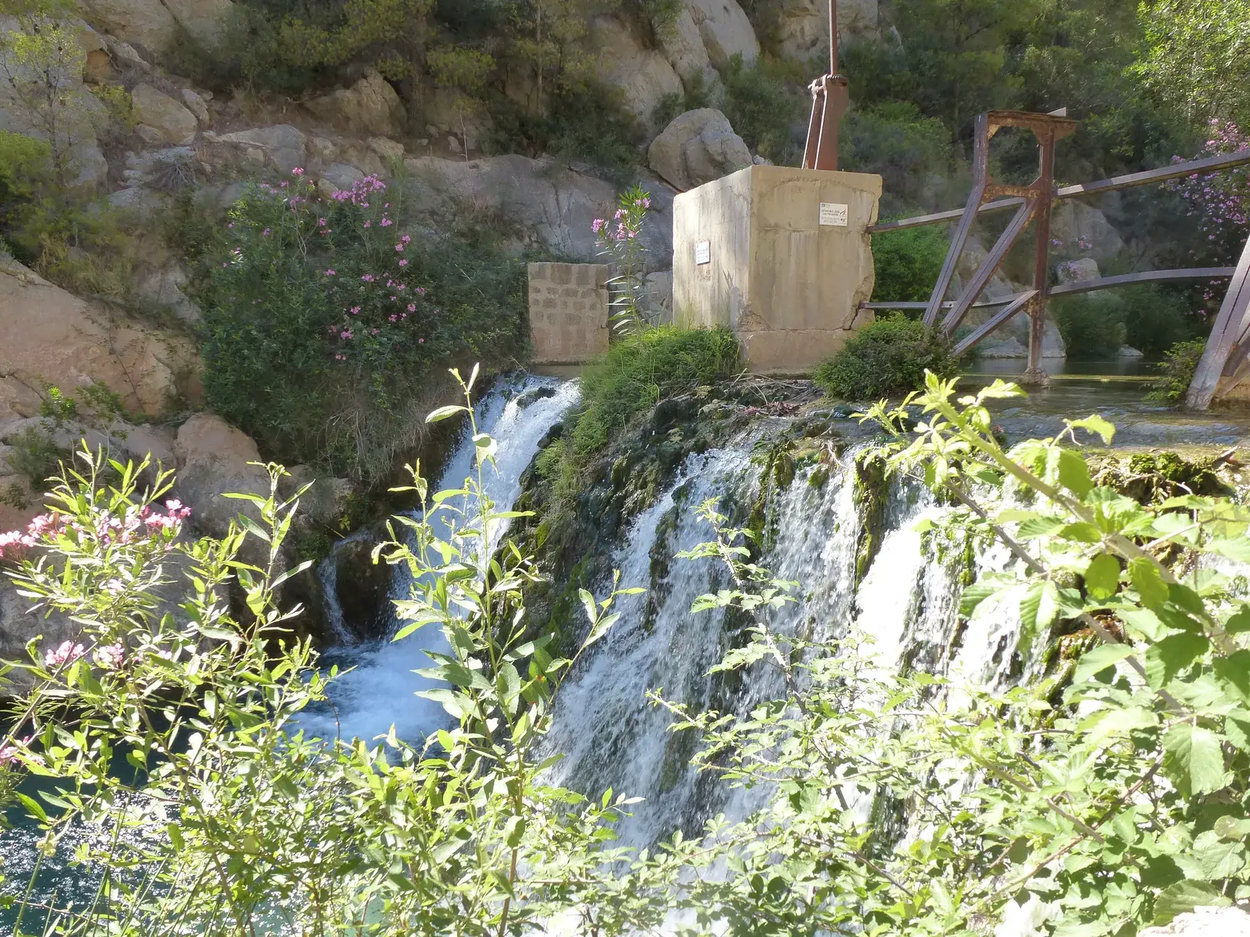 White waterfall tumbling over rocks through lush greenery at the Fonts de l'Algar