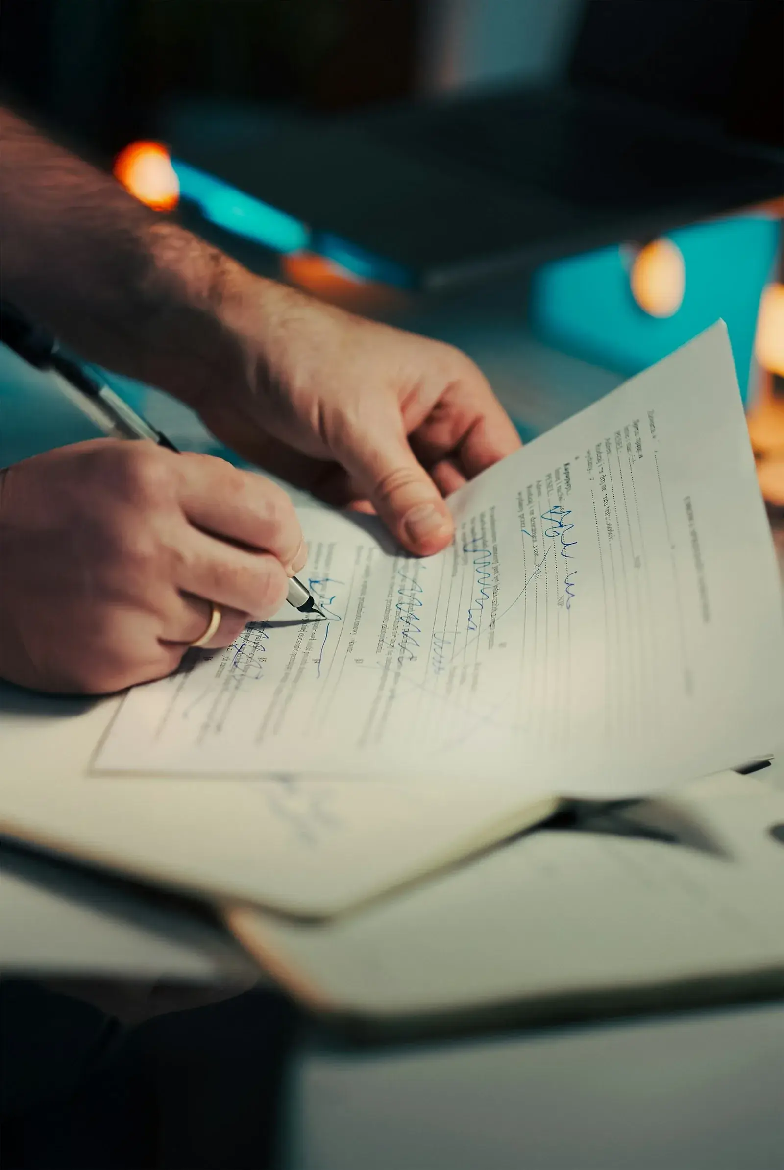 Hand signing an administrative form with a pen