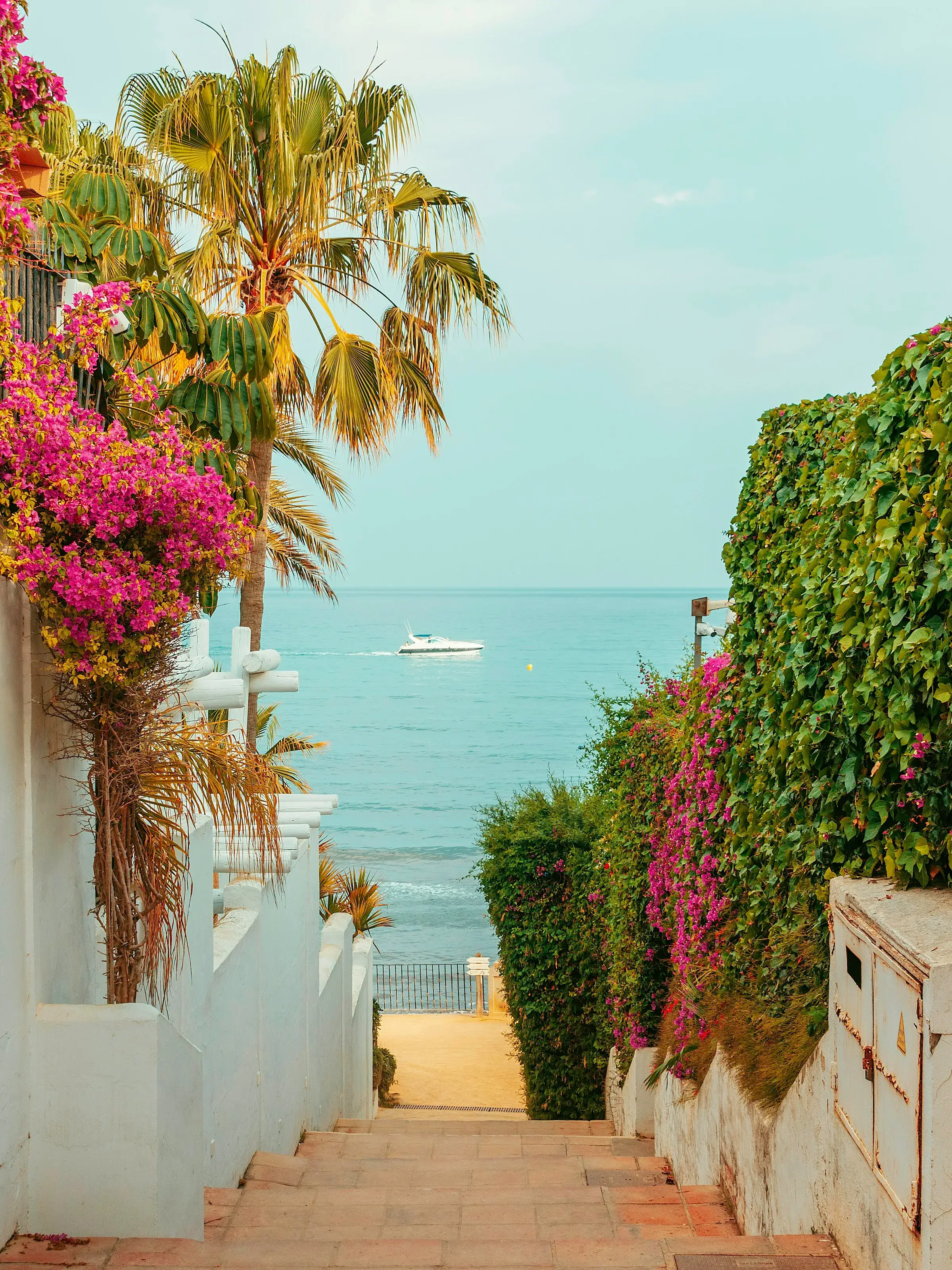 Steps lined with bougainvillea leading down to the turquoise sea