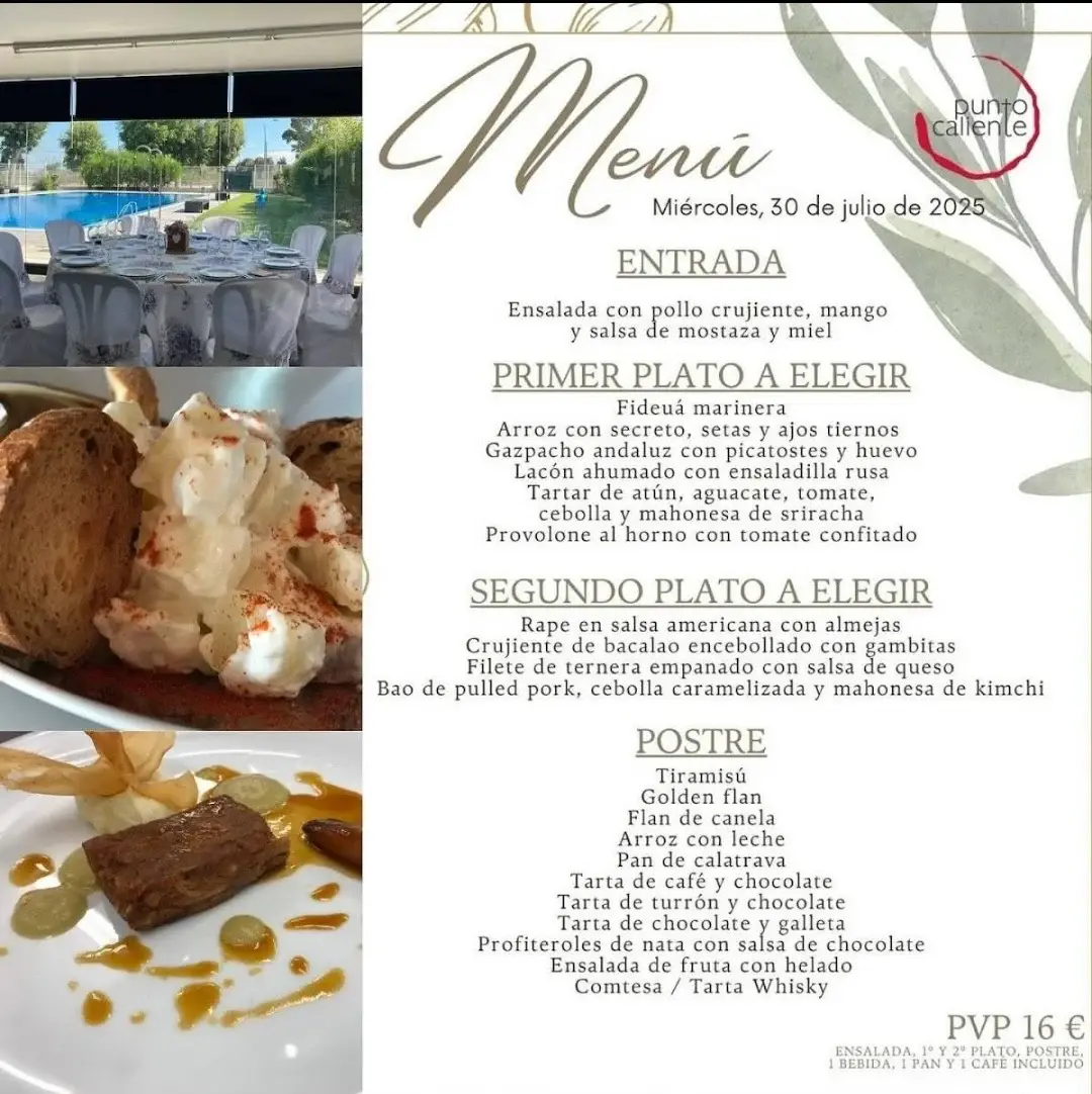 Punto Caliente’s menu of the day in Benejúzar, 30 July 2025: starter, choice of first and second course, dessert, for €16