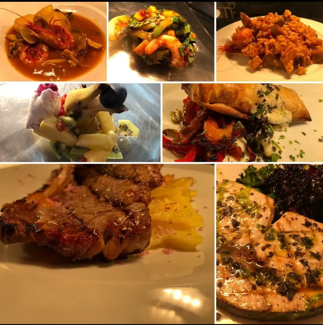 Selection of dishes served at Punto Caliente restaurant in Benejúzar: seafood, rice, grilled meat and fish, fruit dessert